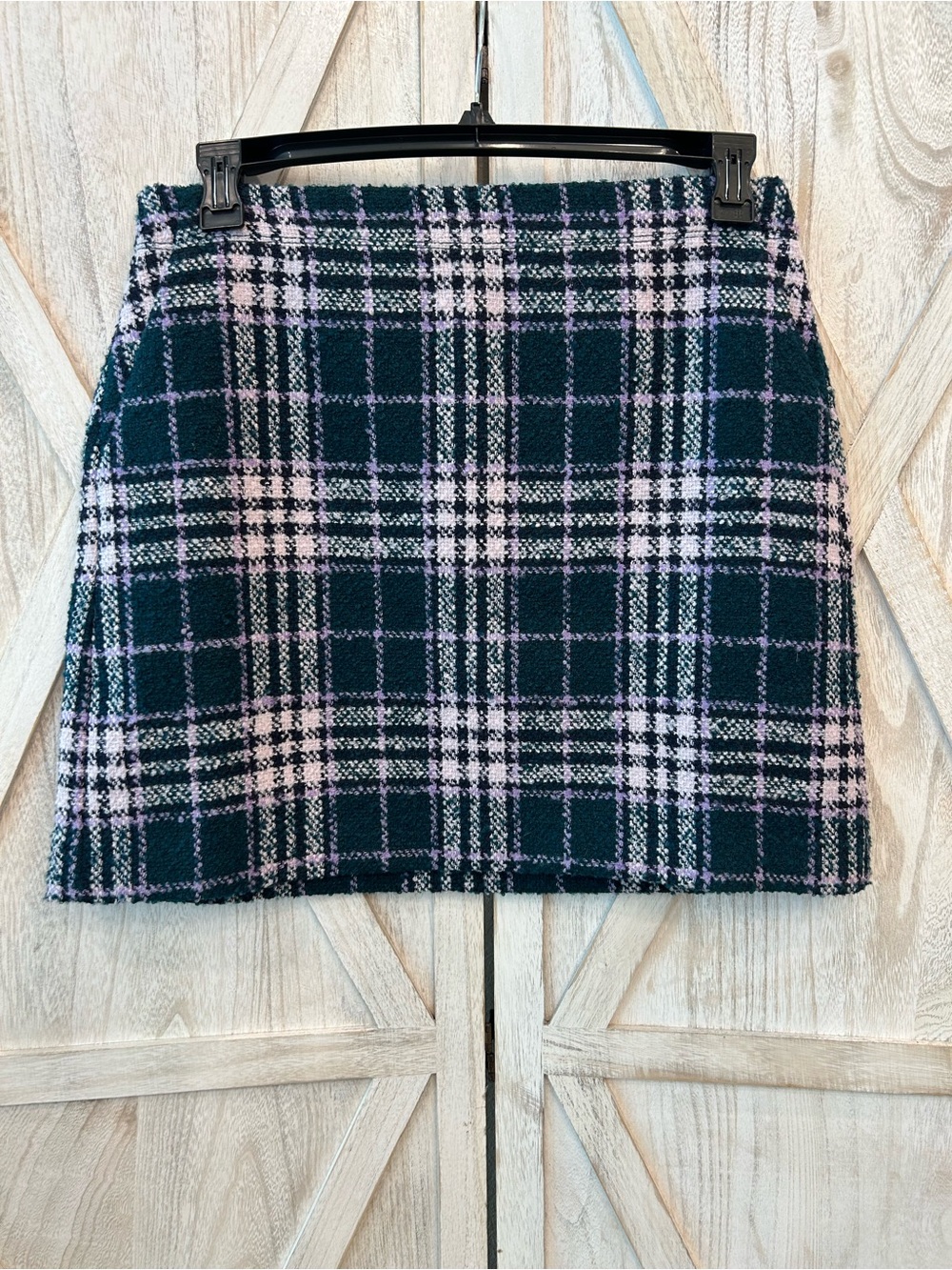 LOFT Dark Forest Green and Light Purple Plaid Mini Skirt